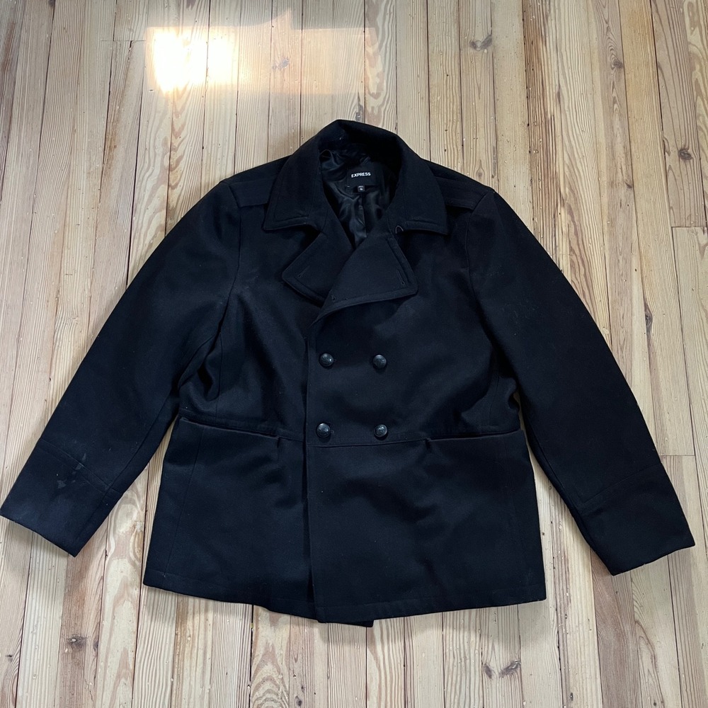 Express Pea Coat Mens XL Black Recycled Wool Blend Double Breasted Jacket